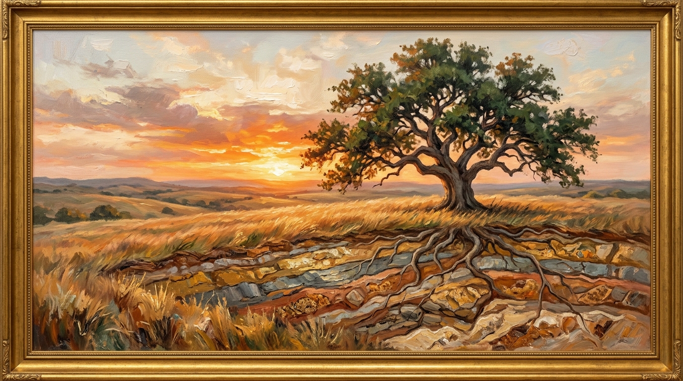 Impressionistic painting of an ancient Texas oak with deep root systems connecting into mineral strata layers at sunset