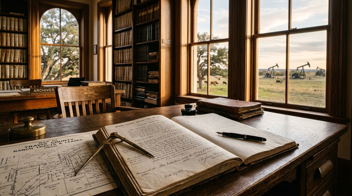 Historic Texas courthouse records room with antique deed ledgers, drafting compass, and vista of sunlit oil pumpjacks